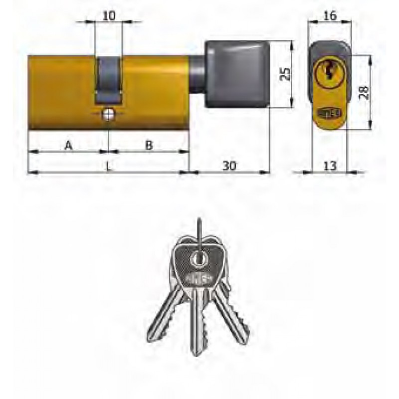 Schwenkzugplatte Art.143 / 10 Omec; Doppelzylinder mit Drehknopf Messing Oval (5 Pins)