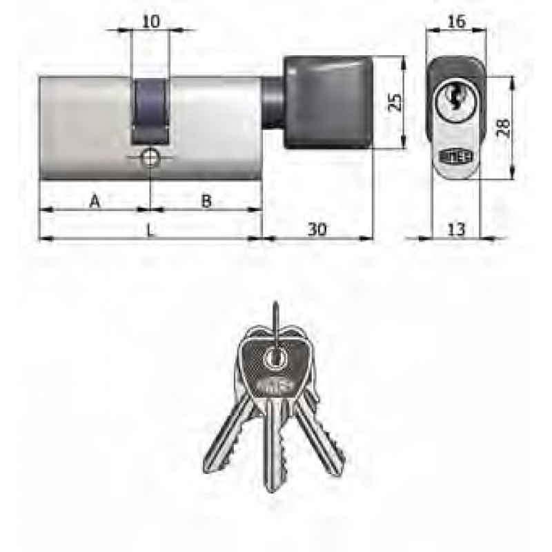 Schwenkzugplatte Art.143 / 03 H Omec; Vernickelt Doppelzylinder mit Drehknopf Messing Oval (5 Pins)