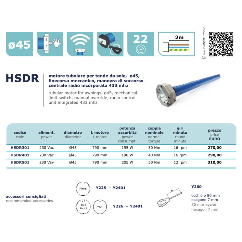 Elektromotor für Markisen Almot SUN1BMDS 40 Nm Komplettset